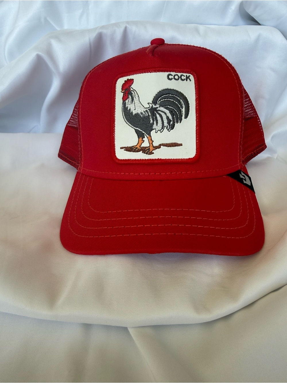 Red Trucker Hat with Rooster Patch